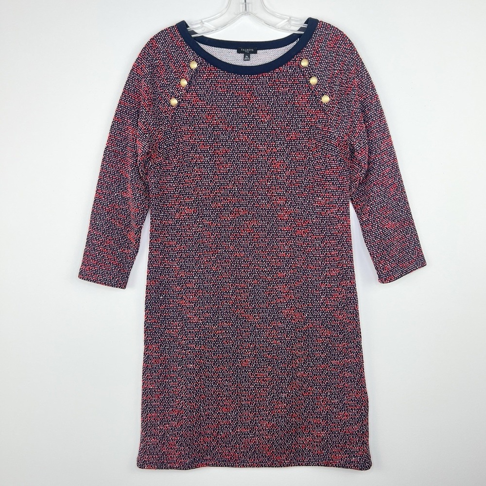TALBOTS Red Mini Heart Print Knit Dress MEDIUM Petite Pullover Career Valentines